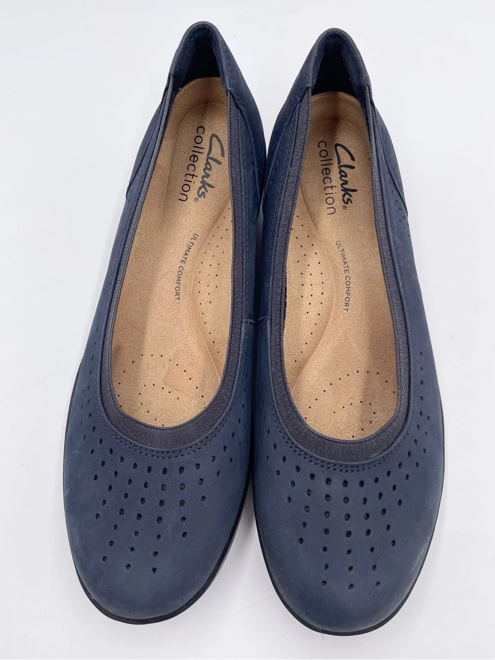 Clarks Collection Suttyn Kaylie Slip-On Shoes Size 7 Navy Blue Nubuck Leather